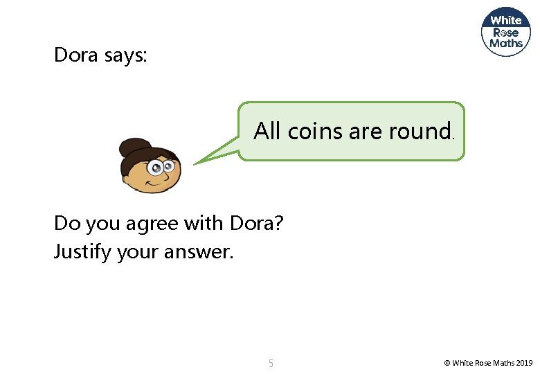Dora says: All coins are round. Do you agree with Dora? Justify your answer.