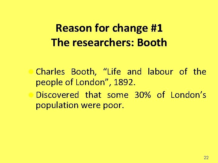 Reason for change #1 The researchers: Booth ® Charles Booth, “Life and labour of