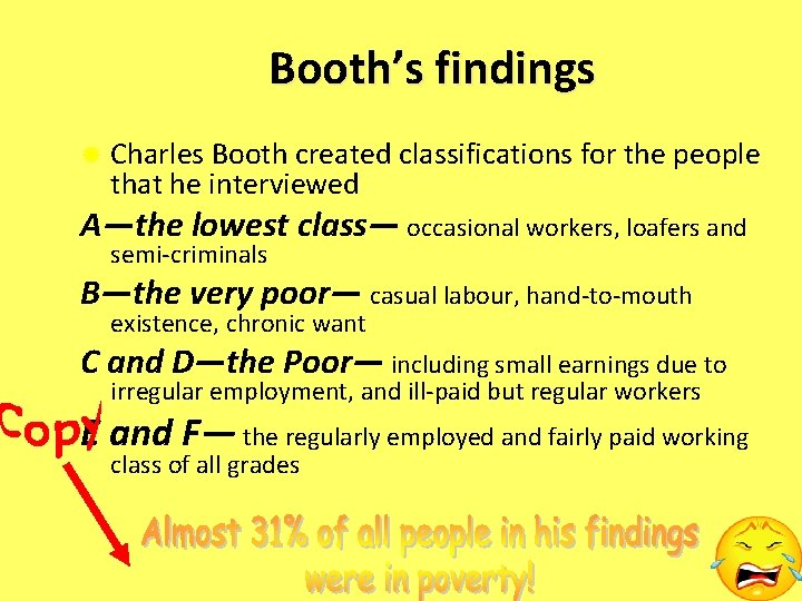 Booth’s findings ® Charles Booth created classifications for the people that he interviewed A—the