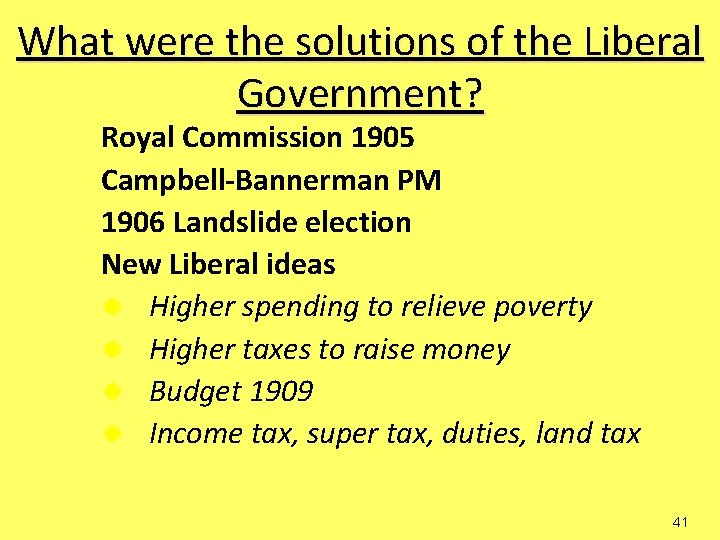 What were the solutions of the Liberal Government? Royal Commission 1905 Campbell-Bannerman PM 1906