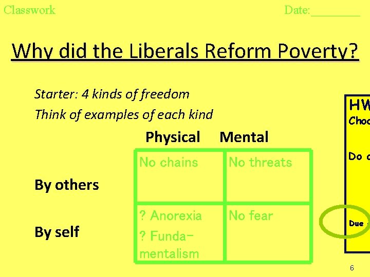 Classwork Date: ____ Why did the Liberals Reform Poverty? Starter: 4 kinds of freedom