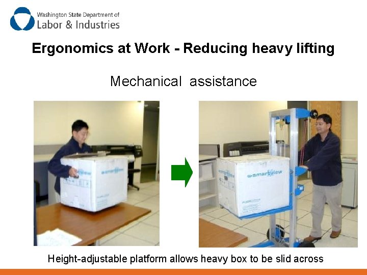 Ergonomics at Work - Reducing heavy lifting Mechanical assistance Height-adjustable platform allows heavy box