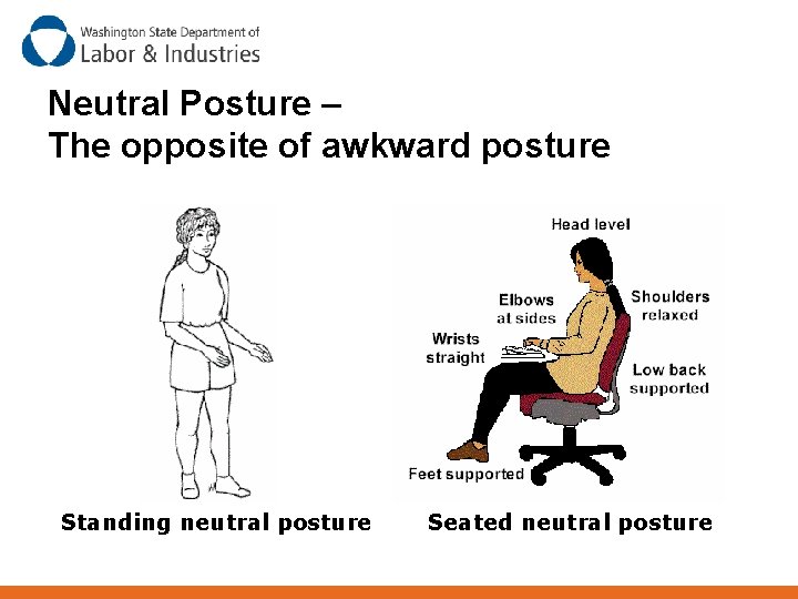 Neutral Posture – The opposite of awkward posture Standing neutral posture Seated neutral posture
