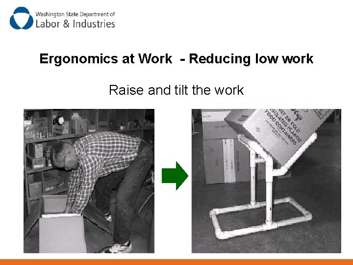 Ergonomics at Work - Reducing low work Raise and tilt the work 