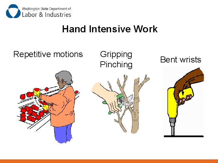 Hand Intensive Work Repetitive motions Gripping Pinching Bent wrists 