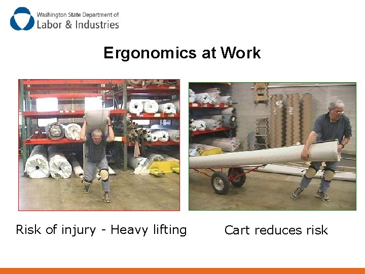 Ergonomics at Work Risk of injury - Heavy lifting Cart reduces risk 