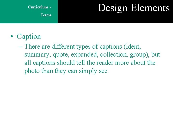 Curriculum ~ Terms Design Elements • Caption – There are different types of captions