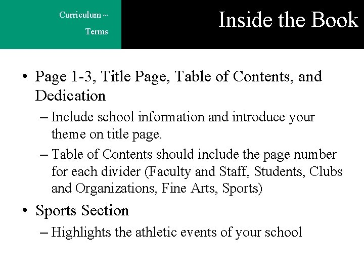 Curriculum ~ Terms Inside the Book • Page 1 -3, Title Page, Table of