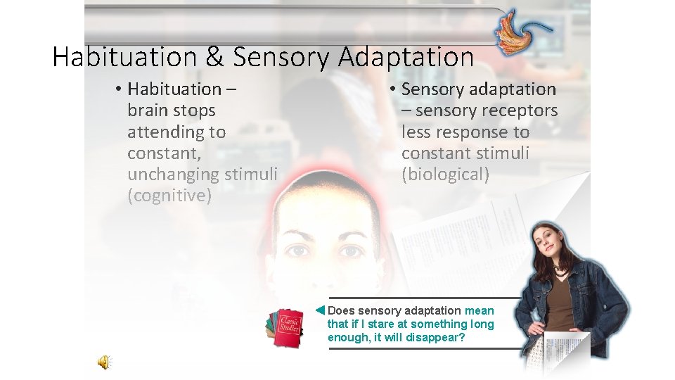 Habituation & Sensory Adaptation • Habituation – brain stops attending to constant, unchanging stimuli