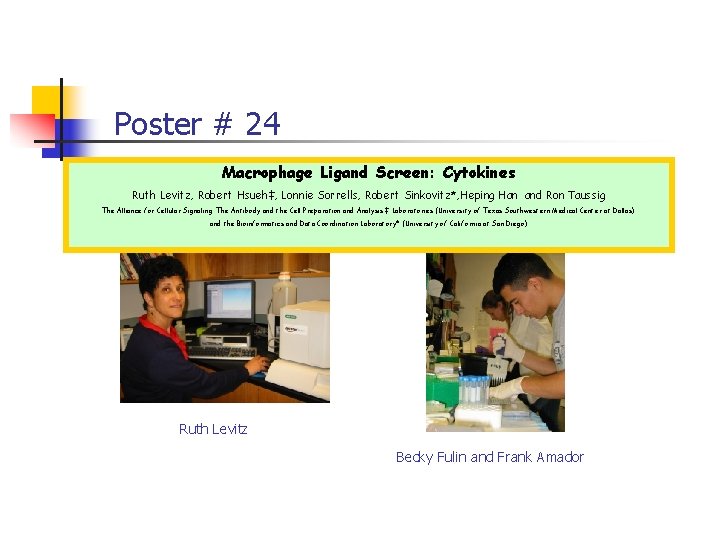 Poster # 24 Macrophage Ligand Screen: Cytokines Ruth Levitz, Robert Hsueh‡, Lonnie Sorrells, Robert