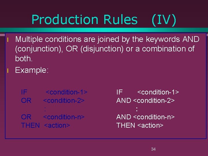 Production Rules l l (IV) Multiple conditions are joined by the keywords AND (conjunction),