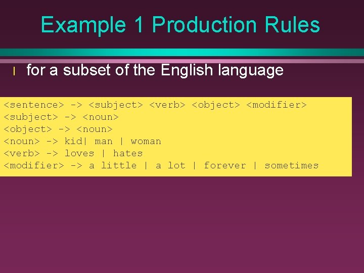 Example 1 Production Rules l for a subset of the English language <sentence> ->