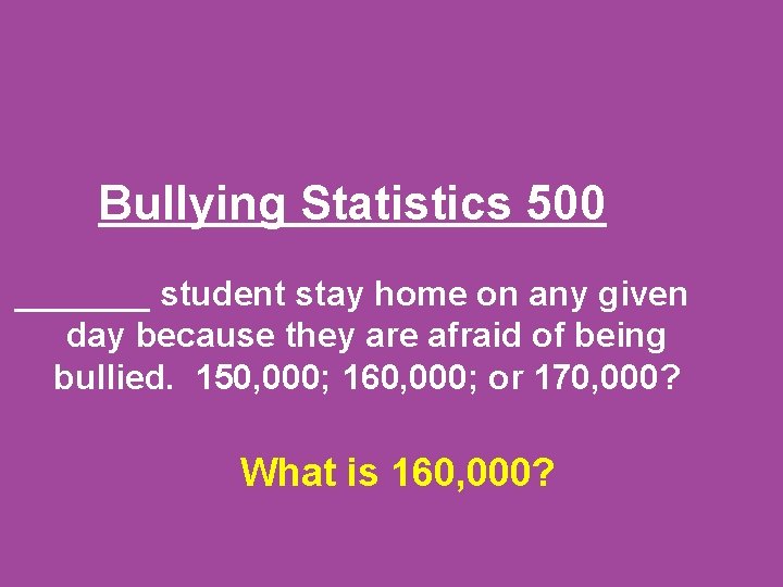 Bullying Statistics 500 _______ student stay home on any given day because they are