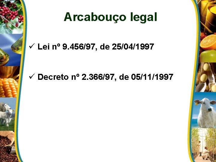 Arcabouço legal ü Lei nº 9. 456/97, de 25/04/1997 ü Decreto nº 2. 366/97,
