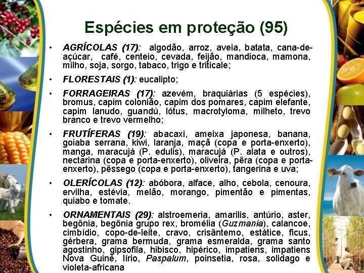 Espécies em proteção (95) • AGRÍCOLAS (17): algodão, arroz, aveia, batata, cana-deaçúcar, café, centeio,