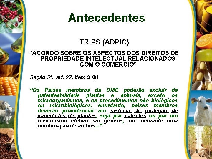 Antecedentes TRIPS (ADPIC) “ACORDO SOBRE OS ASPECTOS DIREITOS DE PROPRIEDADE INTELECTUAL RELACIONADOS COM O