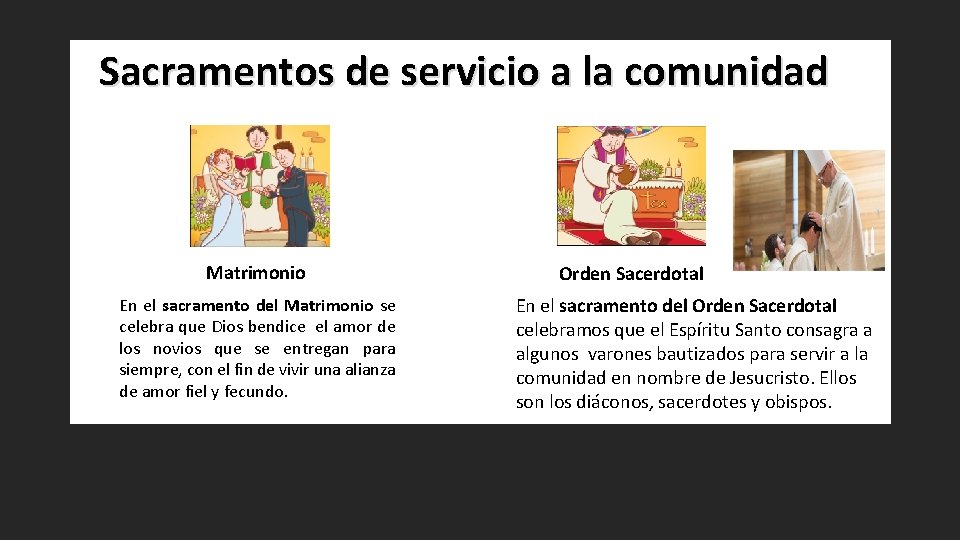 Sacramentos de servicio a la comunidad Matrimonio En el sacramento del Matrimonio se celebra