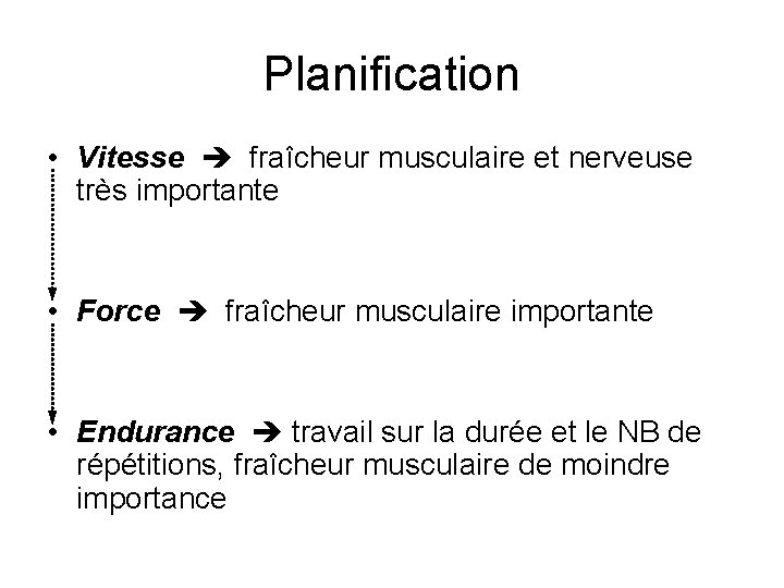 Planification • Vitesse fraîcheur musculaire et nerveuse très importante • Force fraîcheur musculaire importante