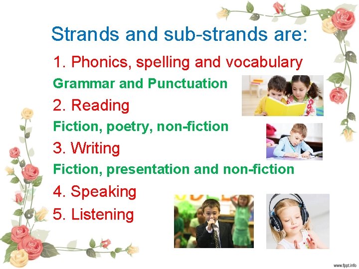 Strands and sub-strands are: 1. Phonics, spelling and vocabulary Grammar and Punctuation 2. Reading