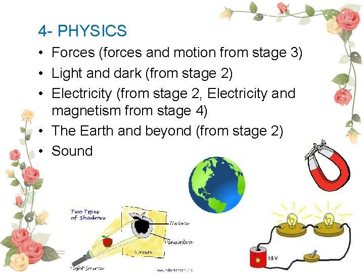 4 - PHYSICS • Forces (forces and motion from stage 3) • Light and