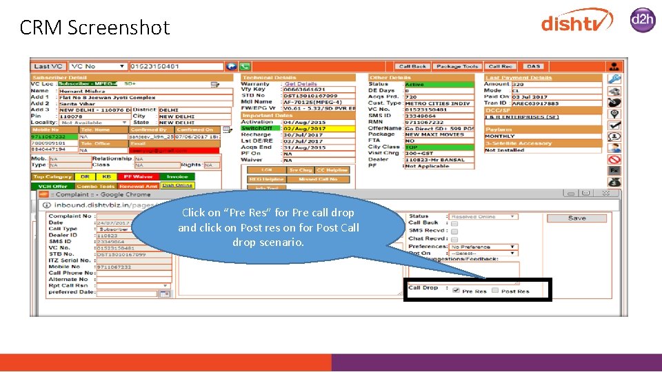 CRM Screenshot Click on “Pre Res” for Pre call drop and click on Post