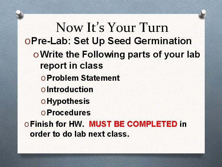 Now It’s Your Turn O Pre-Lab: Set Up Seed Germination O Write the Following