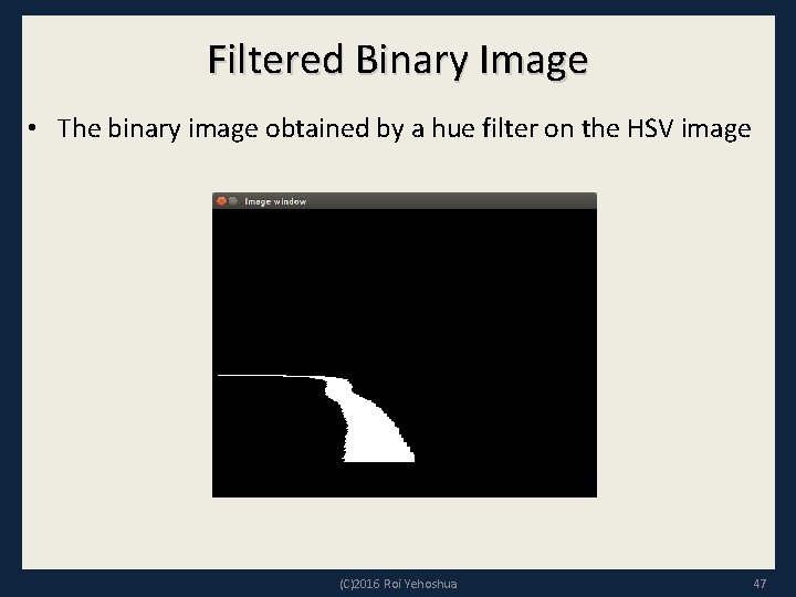 Filtered Binary Image • The binary image obtained by a hue filter on the