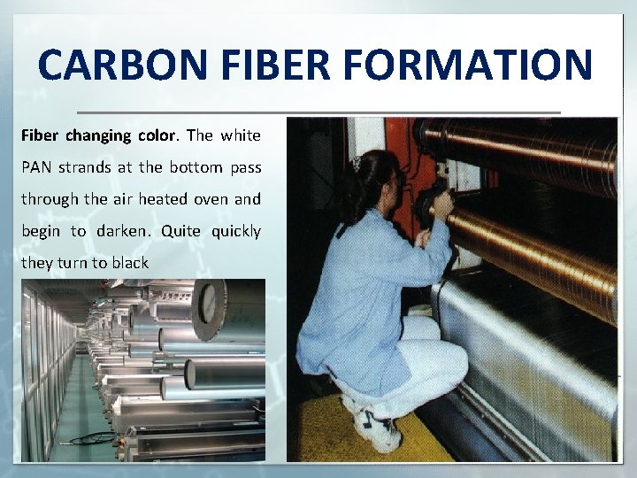 CARBON FIBER FORMATION Fiber changing color. The white PAN strands at the bottom pass