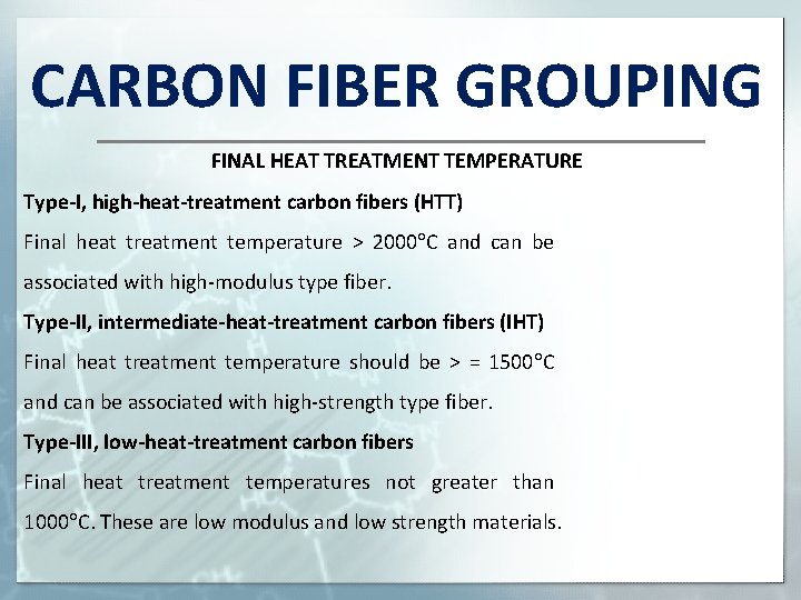 CARBON FIBER GROUPING FINAL HEAT TREATMENT TEMPERATURE Type-I, high-heat-treatment carbon fibers (HTT) Final heat