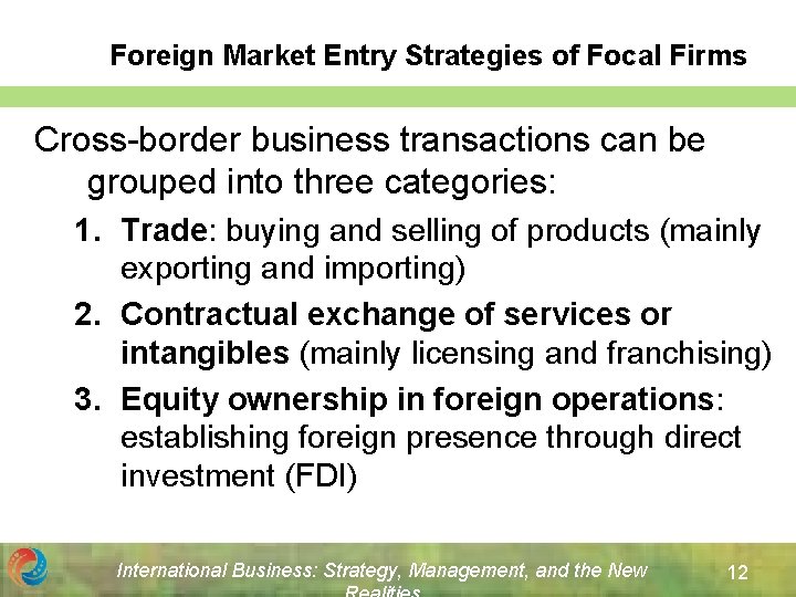 Foreign Market Entry Strategies of Focal Firms Cross-border business transactions can be grouped into