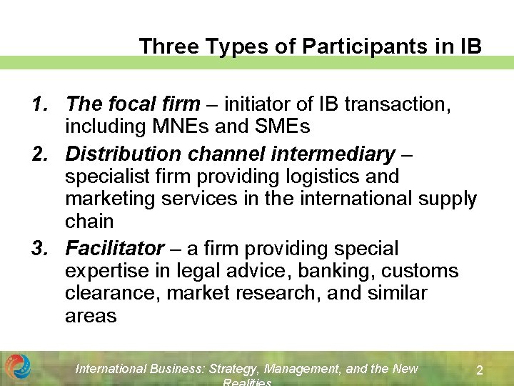 Three Types of Participants in IB 1. The focal firm – initiator of IB