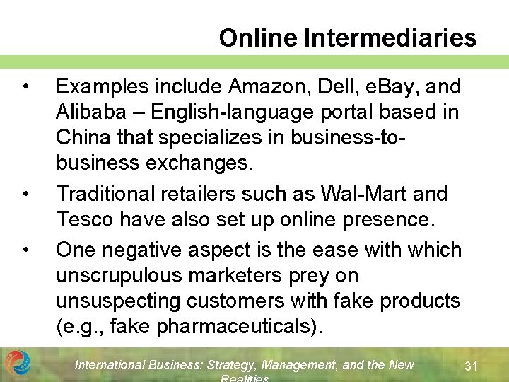 Online Intermediaries • • • Examples include Amazon, Dell, e. Bay, and Alibaba –