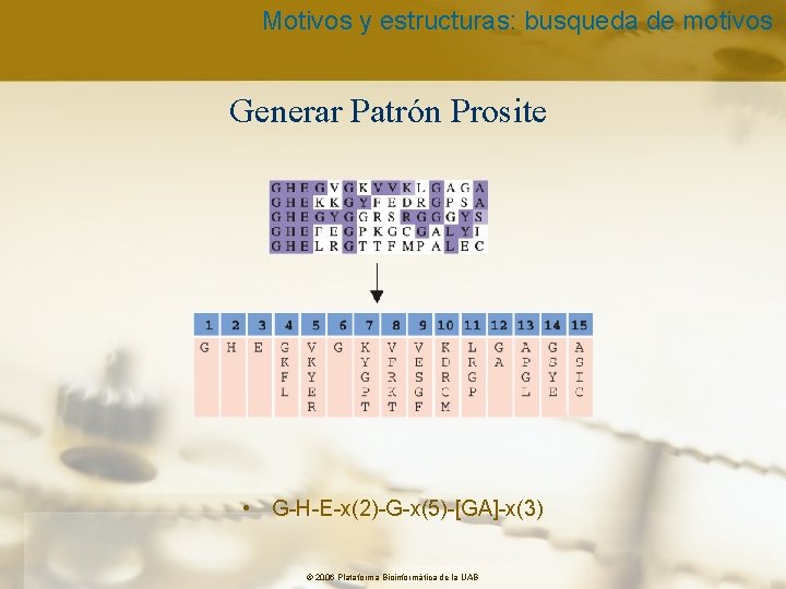 Motivos y estructuras: busqueda de motivos Generar Patrón Prosite • G-H-E-x(2)-G-x(5)-[GA]-x(3) © 2006 Plataforma