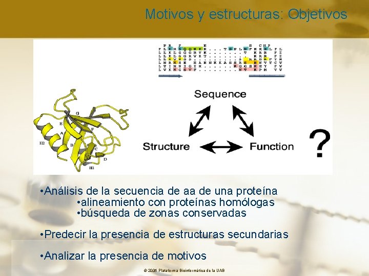 Motivos y estructuras: Objetivos • Análisis de la secuencia de aa de una proteína