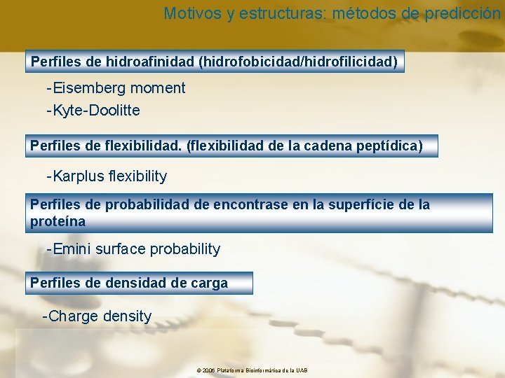 Motivos y estructuras: métodos de predicción Perfiles de hidroafinidad (hidrofobicidad/hidrofilicidad) -Eisemberg moment -Kyte-Doolitte Perfiles