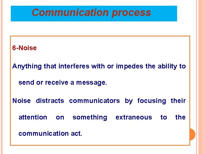 Communication process 6 -Noise Anything that interferes with or impedes the ability to send