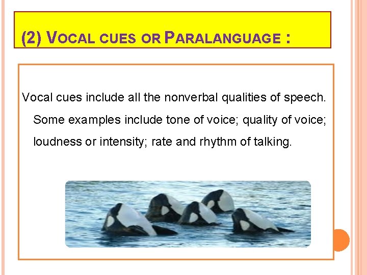 (2) VOCAL CUES OR PARALANGUAGE : Vocal cues include all the nonverbal qualities of