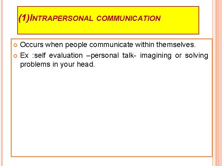 (1)INTRAPERSONAL COMMUNICATION Occurs when people communicate within themselves. Ex : self evaluation –personal talk-