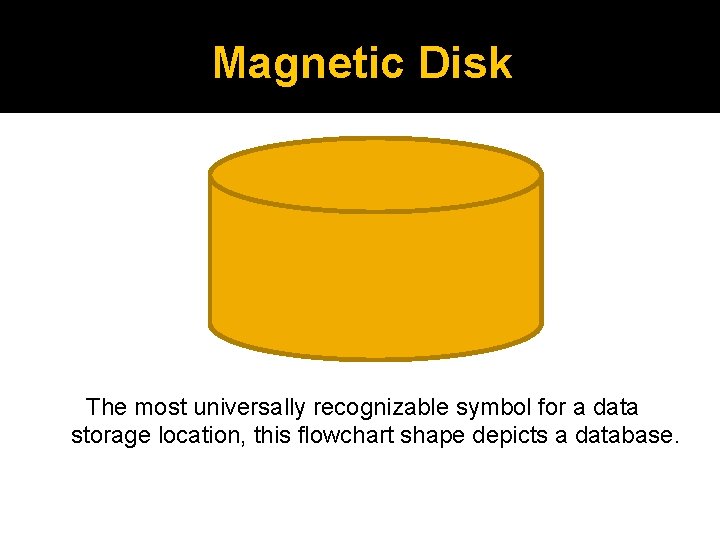 Magnetic Disk The most universally recognizable symbol for a data storage location, this flowchart