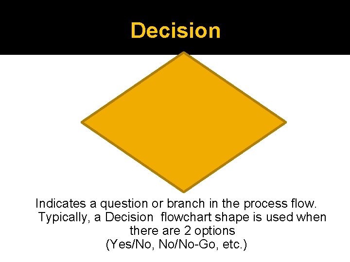 Decision Indicates a question or branch in the process flow. Typically, a Decision flowchart