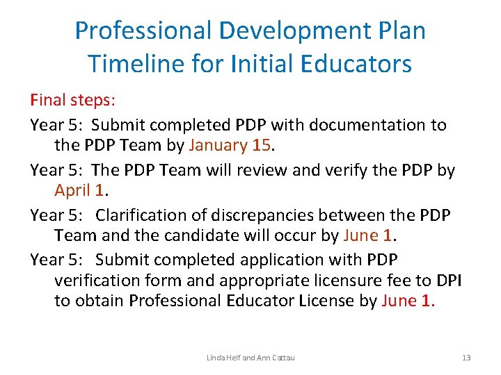 Professional Development Plan Timeline for Initial Educators Final steps: Year 5: Submit completed PDP