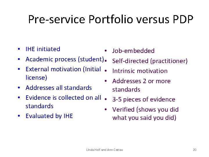 Pre-service Portfolio versus PDP • IHE initiated • • Academic process (student) • •