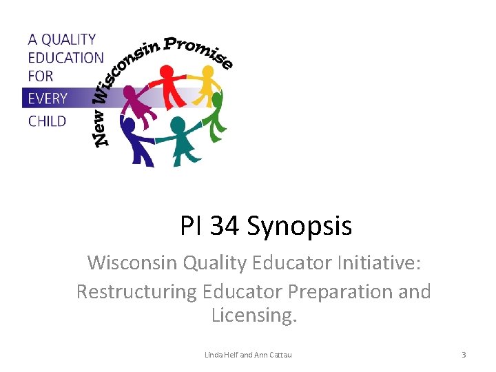 PI 34 Synopsis Wisconsin Quality Educator Initiative: Restructuring Educator Preparation and Licensing. Linda Helf