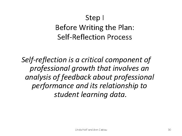 Step I Before Writing the Plan: Self-Reflection Process Self-reflection is a critical component of