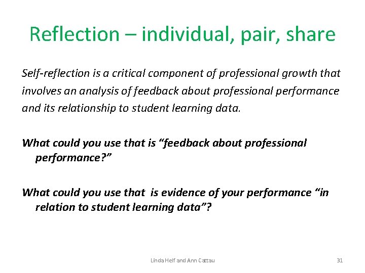 Reflection – individual, pair, share Self-reflection is a critical component of professional growth that