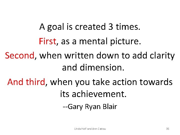 A goal is created 3 times. First, as a mental picture. Second, when written