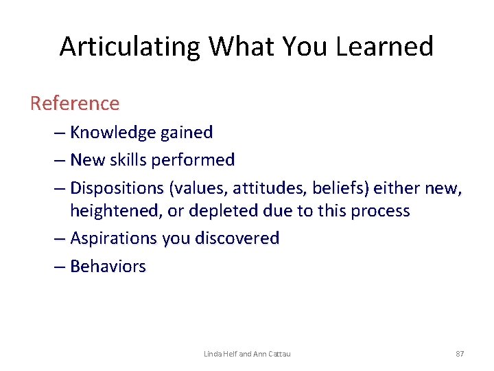 Articulating What You Learned Reference – Knowledge gained – New skills performed – Dispositions