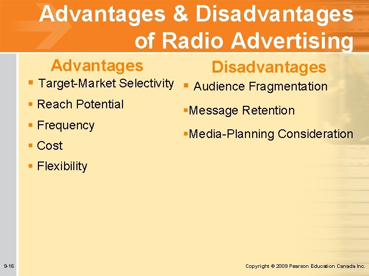 Advantages & Disadvantages of Radio Advertising Advantages Disadvantages § Target-Market Selectivity § Audience Fragmentation