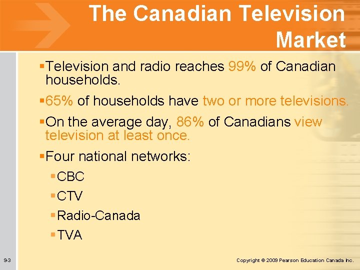 The Canadian Television Market §Television and radio reaches 99% of Canadian households. § 65%