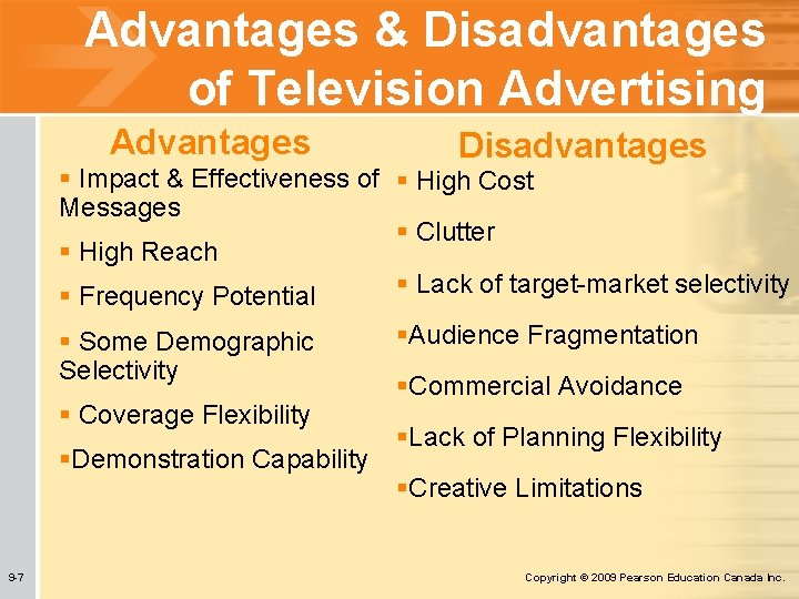 Advantages & Disadvantages of Television Advertising Advantages Disadvantages § Impact & Effectiveness of §